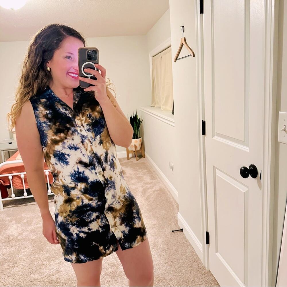 Tuckernuck Fifteen Twenty Blue Brown Silk Button Front Mini Dress Small